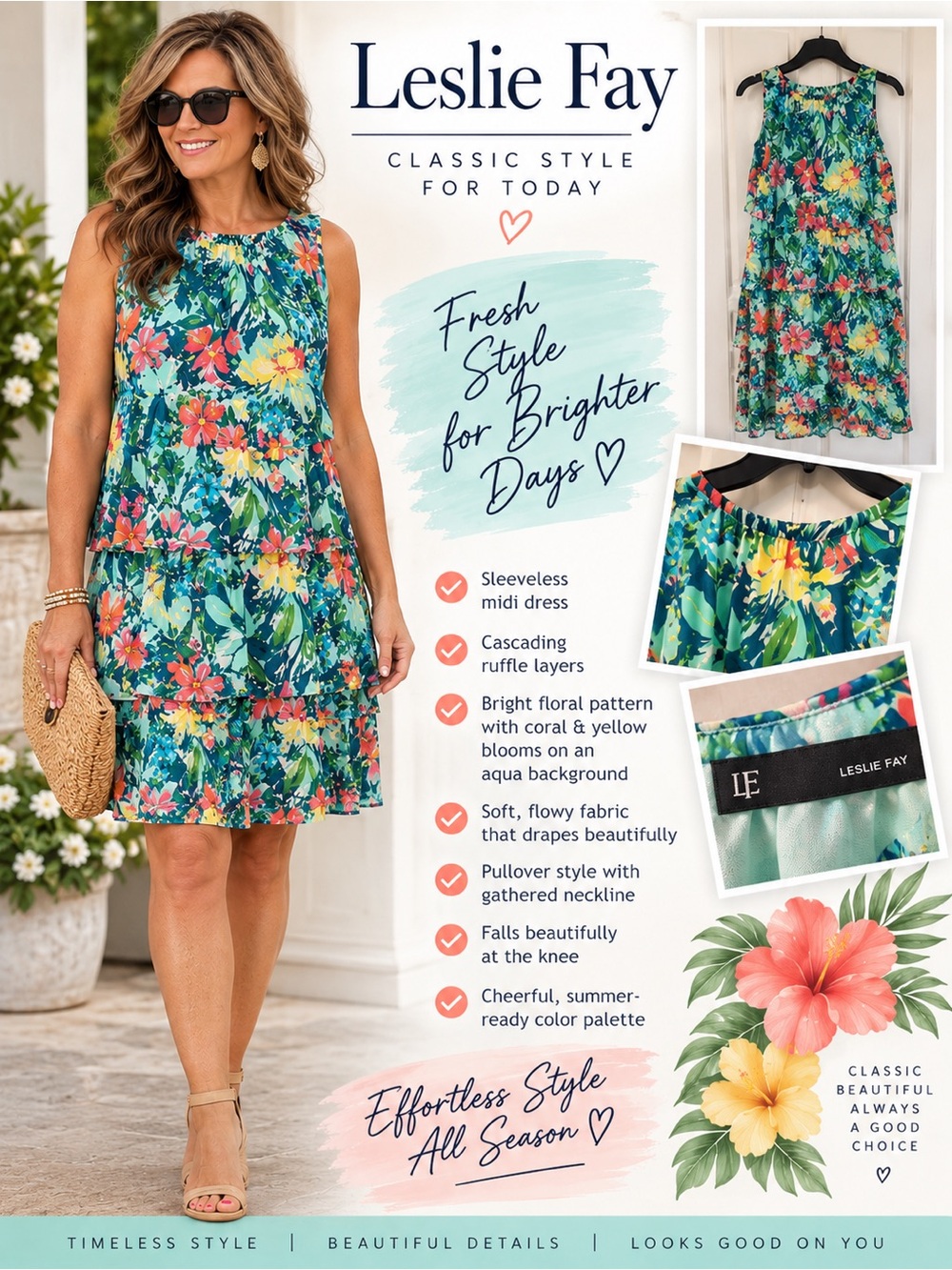 Leslie Fay Floral Tiered Ruffle Midi Dress Size 12